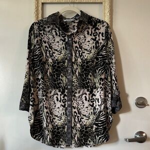 PETER NYGARD | Mixed Animal Print Faux Diamond Button Down Shirt